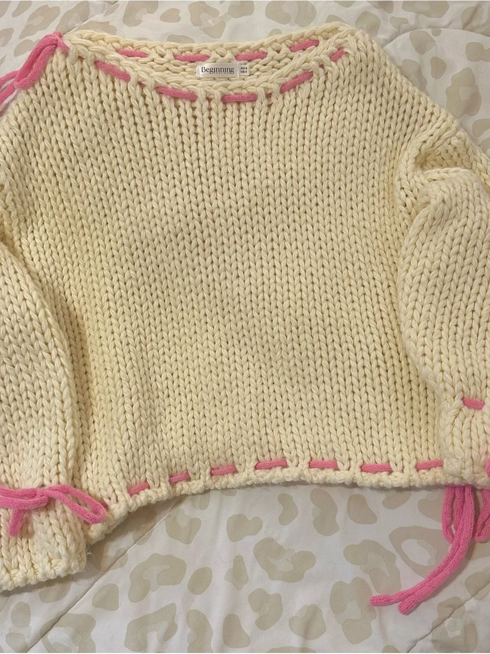Beginning Boutique Cream Chunky Knit Sweater with Pink Tie Accents S/M